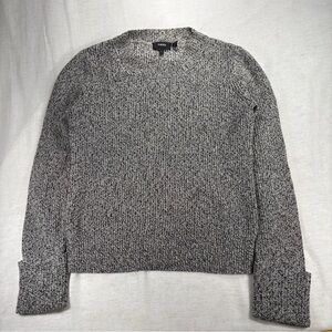 Theory Grey White Marled Shaker Knit Cotton Blend Sweater Size Small Ribbed Cuff